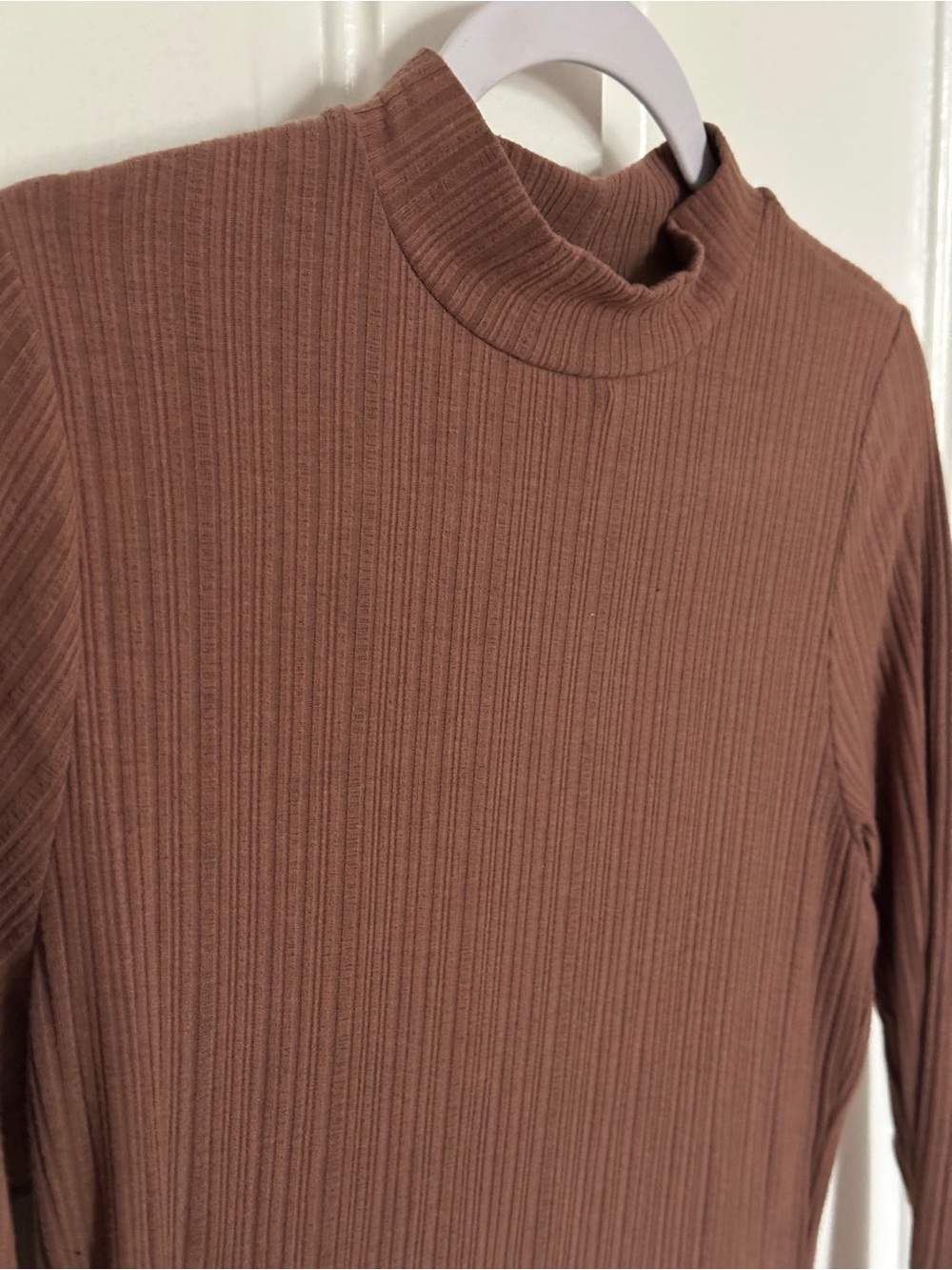 Ribbed Mock Neck Long Sleeve Top in Warm Rose Brown